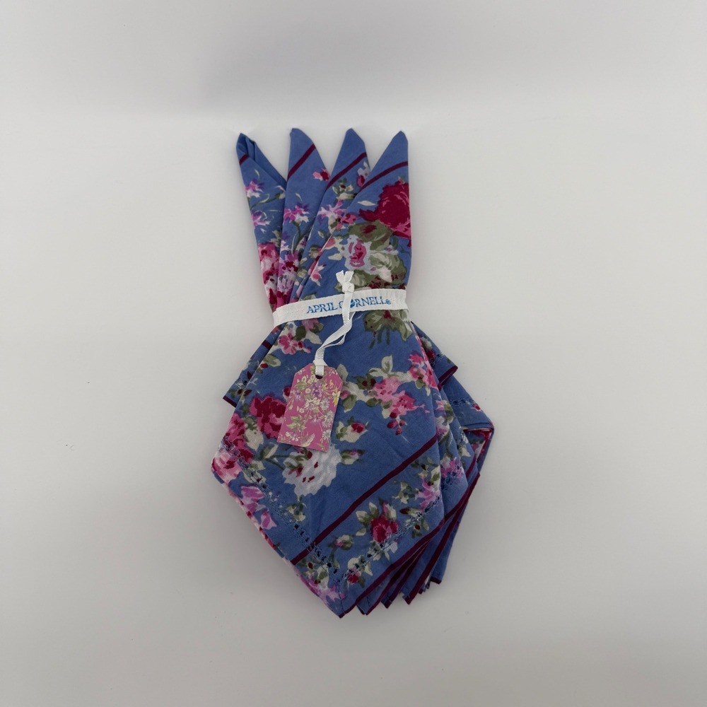 April Cornell Cottage Rose Lunch Napkins Set of 4 Wedgewood Blue Floral 15x15